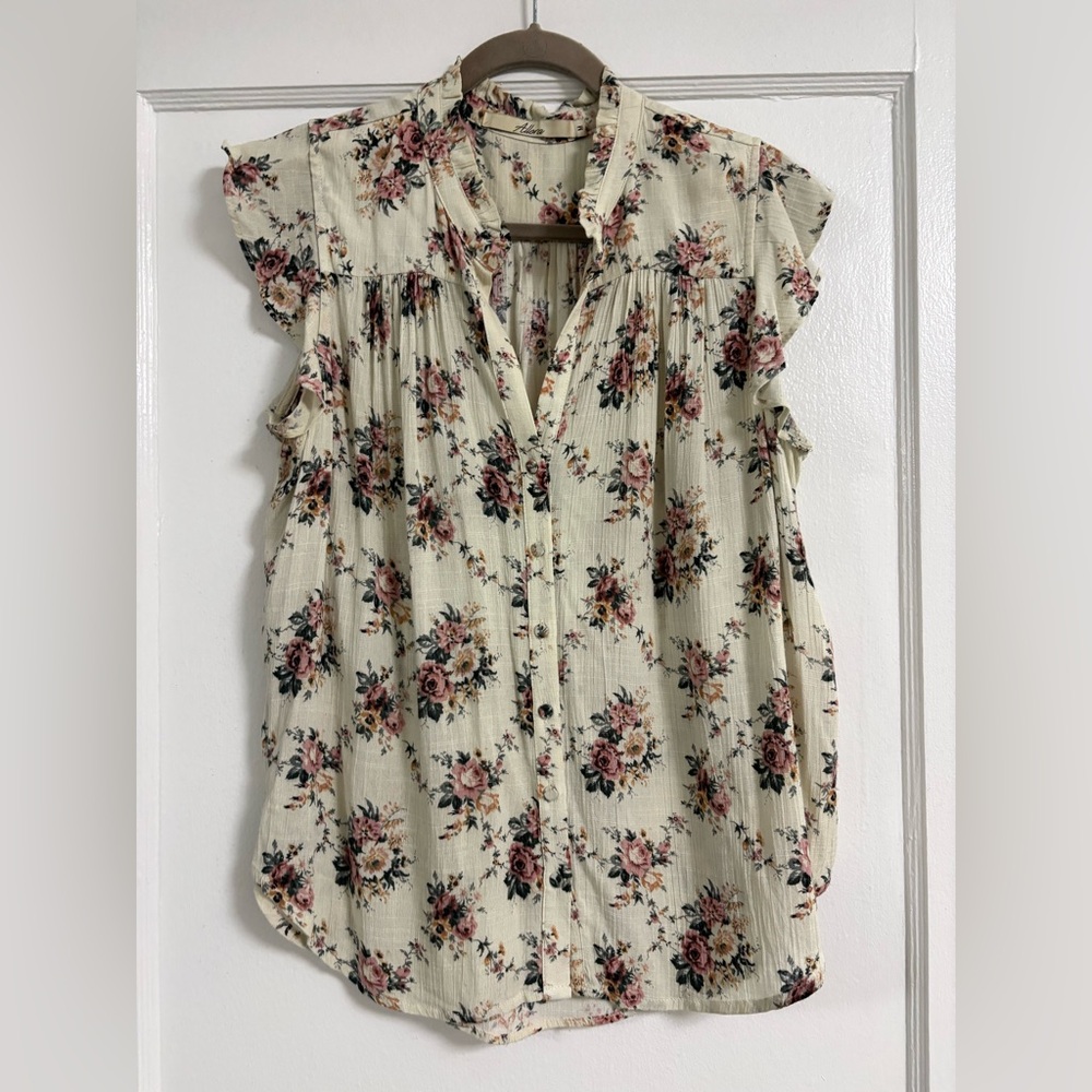 Floral Pattern short sleeve button down shirt pink beige size medium